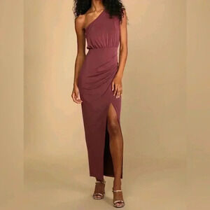 Lulu's Red Asymmetrical Ruched Maxi Gown